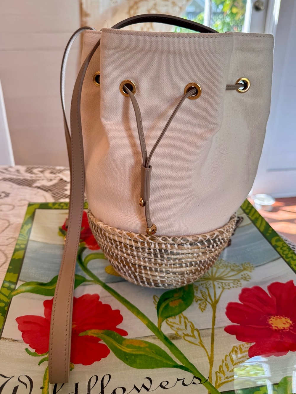 Canvas and Woven Bucket Bag in Cream
